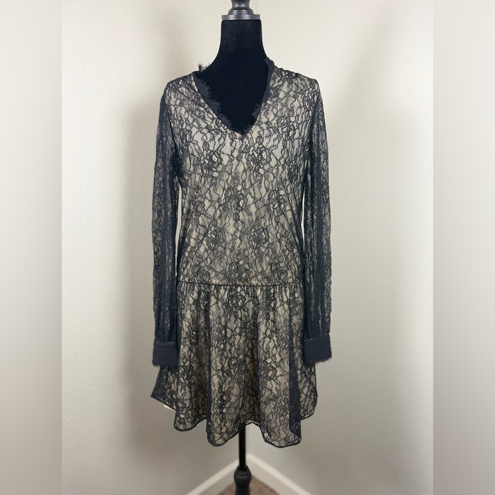Alice And Olivia Deena Drop Waist Lace Dress Black/natural sz 6 - Picture 10 of 12